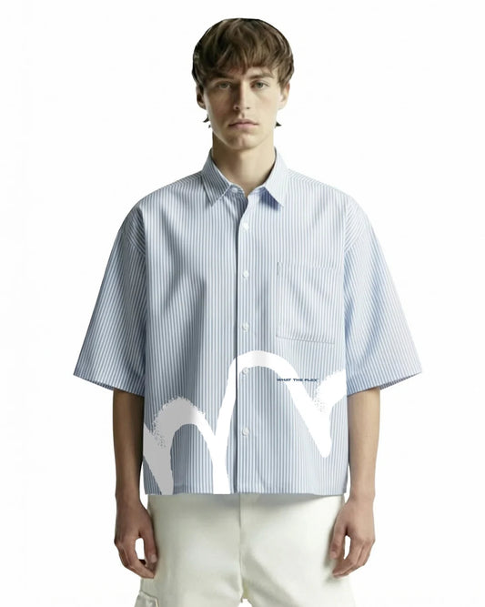 Drip Desi’s Blue Striped Oversized Shirt – Behind The Scenes Graphic Shirt