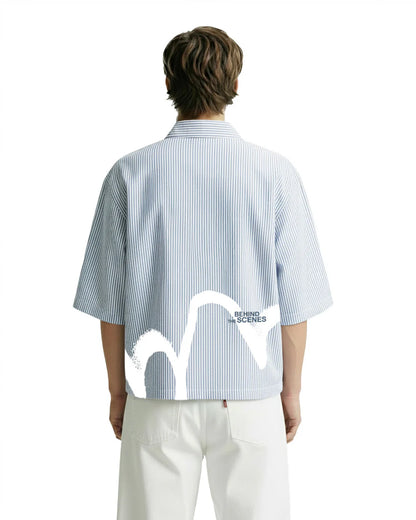 Drip Desi’s Blue Striped Oversized Shirt – Behind The Scenes Graphic Shirt