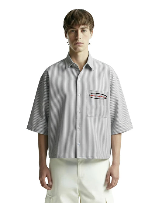 Drip Desi's Grey Striped Oversized Shirt with Classic Back Print – Minimal Streetwear Shirt