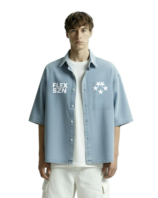Drip Desi's Blue Denim Oversized Shirt with Flex SZN Print – Trendy Streetwear Shirt