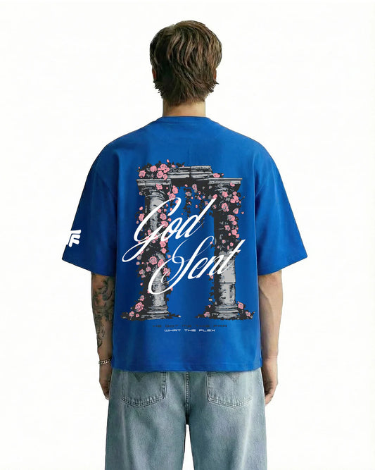 Drip Desi's God Sent Oversized Blue T-Shirt – What The Flex Streetwear Tee