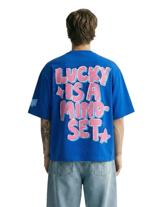 Drip Desi's Lucky Is A Mindset Oversized Blue T-Shirt – Streetwear Graphic Tee