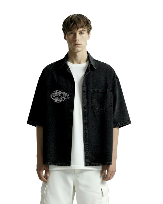 Drip Desi's Black Oversized Denim Shirt with Vengeance Back Print – Edgy Streetwear Shirt