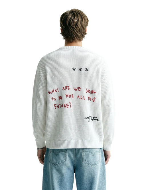 Drip Desi's What The Flex White Knit Sweatshirt – Premium Textured Streetwear Sweater