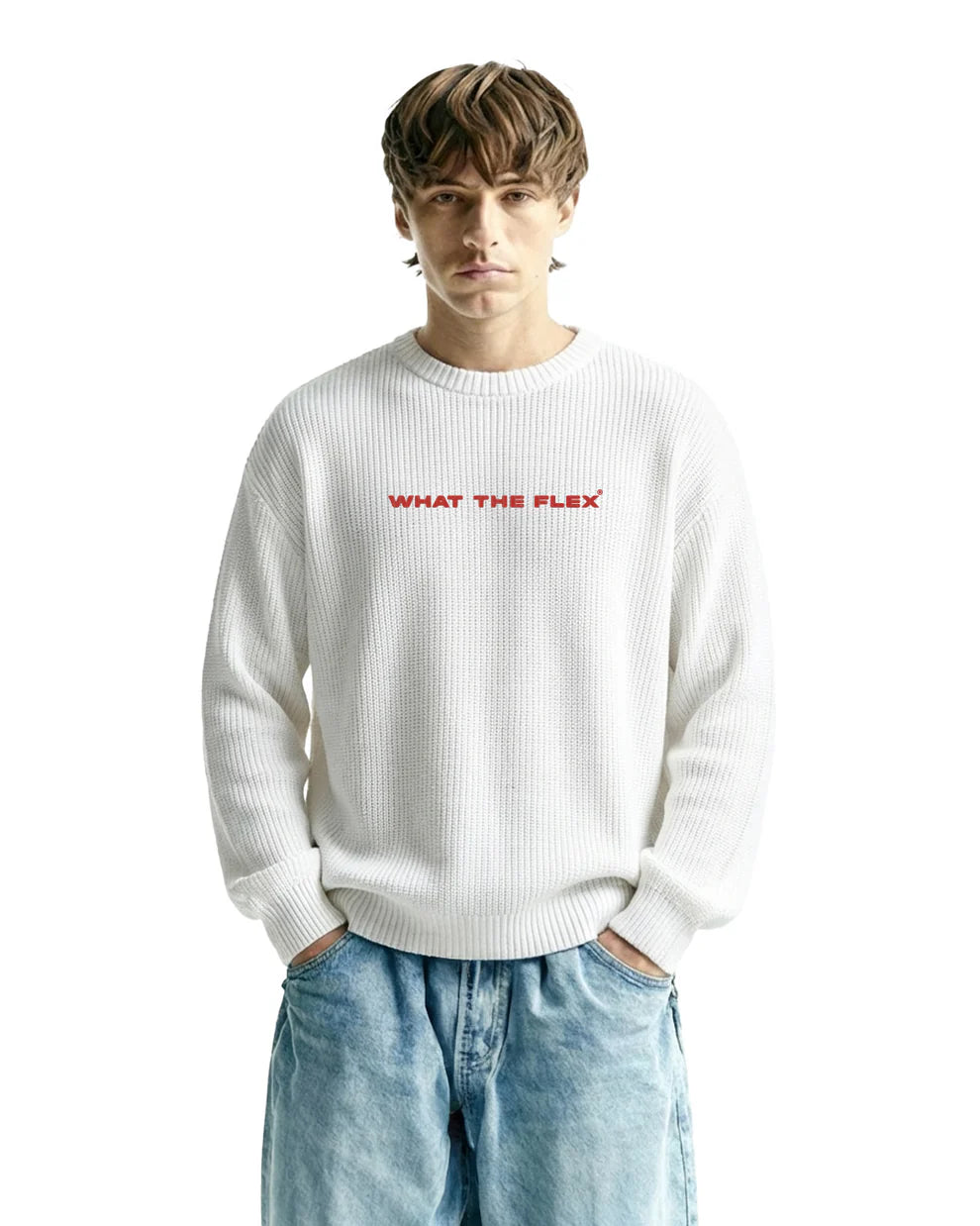 Drip Desi's What The Flex White Knit Sweatshirt – Premium Textured Streetwear Sweater